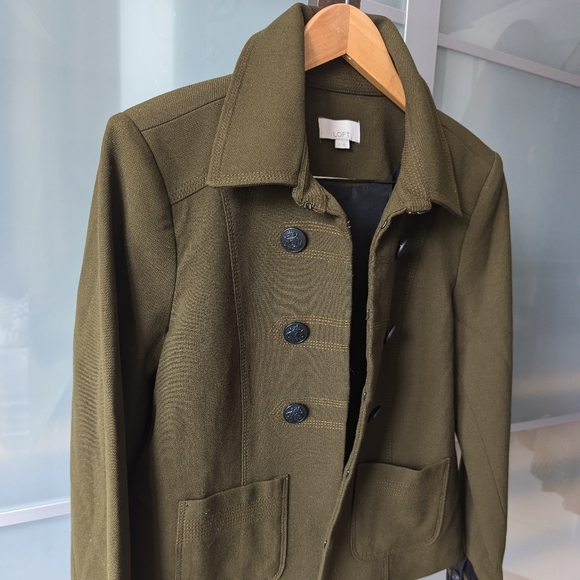 Loft Crop Blazer Jacket Women 12 Military Green Double Breasted Brass 6 Buttons - Picture 5 of 10